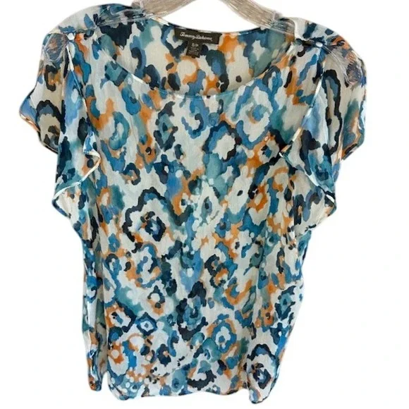 Tommy Bahama Women's Blue Orange White Abstract Print Sheer 100% Silk Blouse SM - Picture 1 of 7
